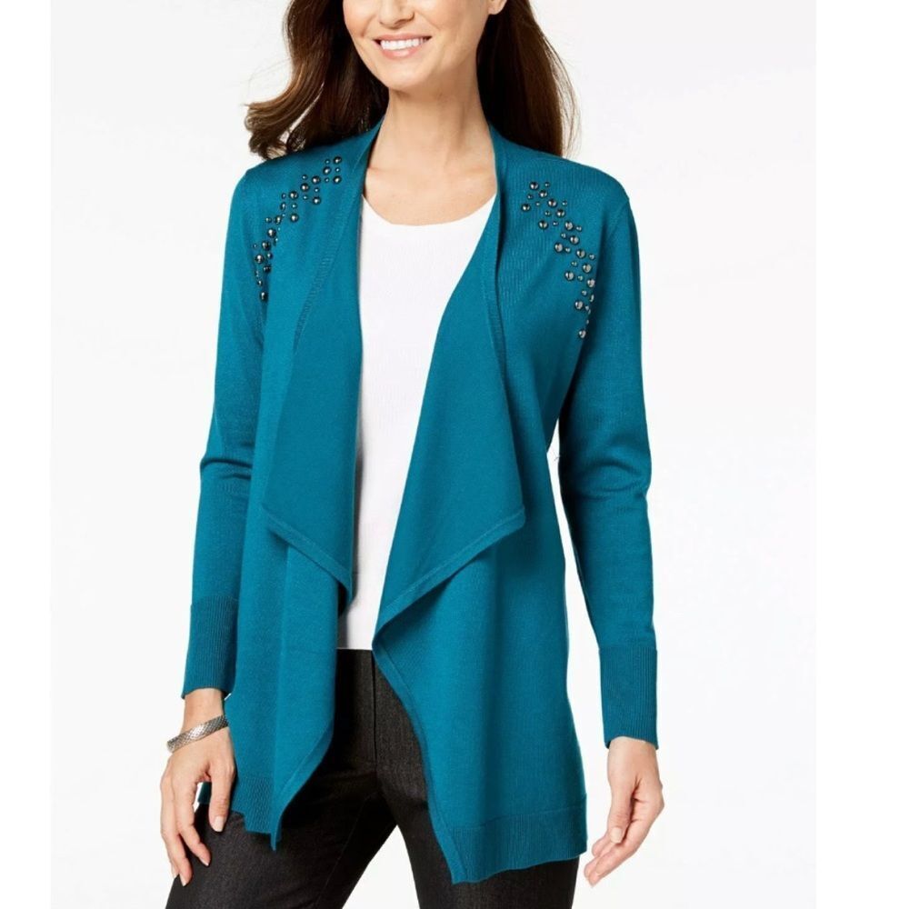 JM Collection Women's Embellished Ribbed Trim Long Sleeve Cardigan Sweater SZ‎ M